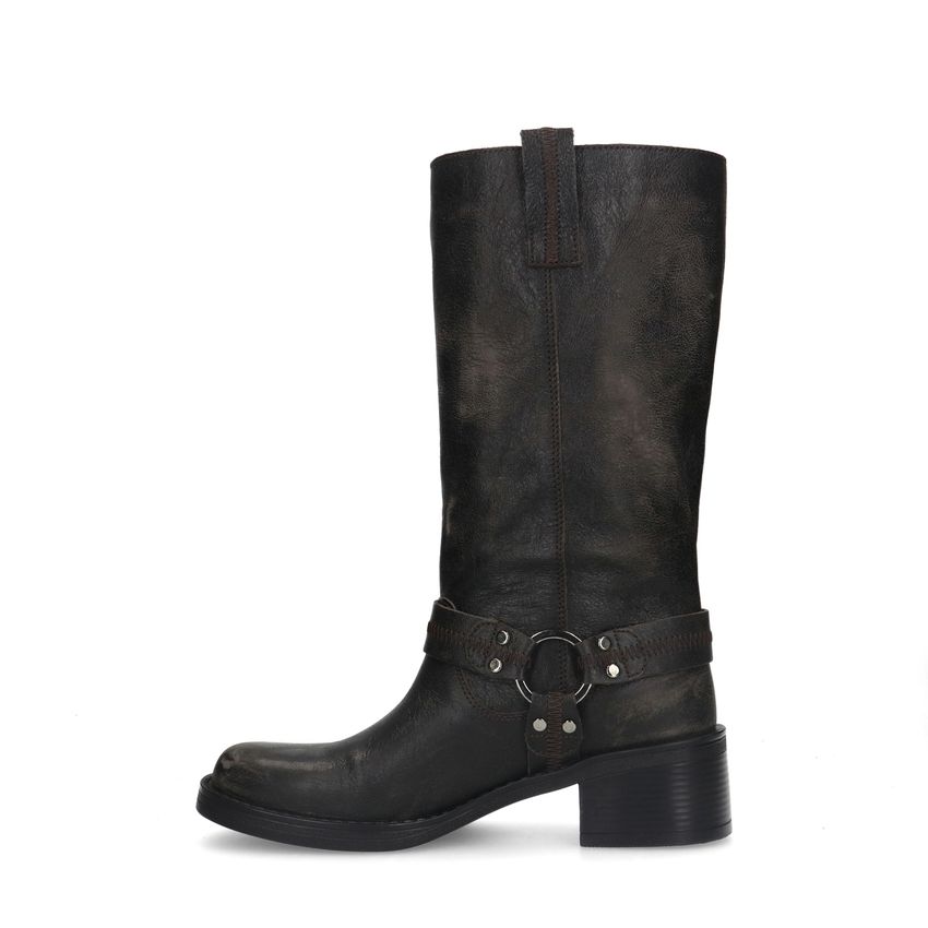 Grijze leren biker boots met zilverkleurige gespen