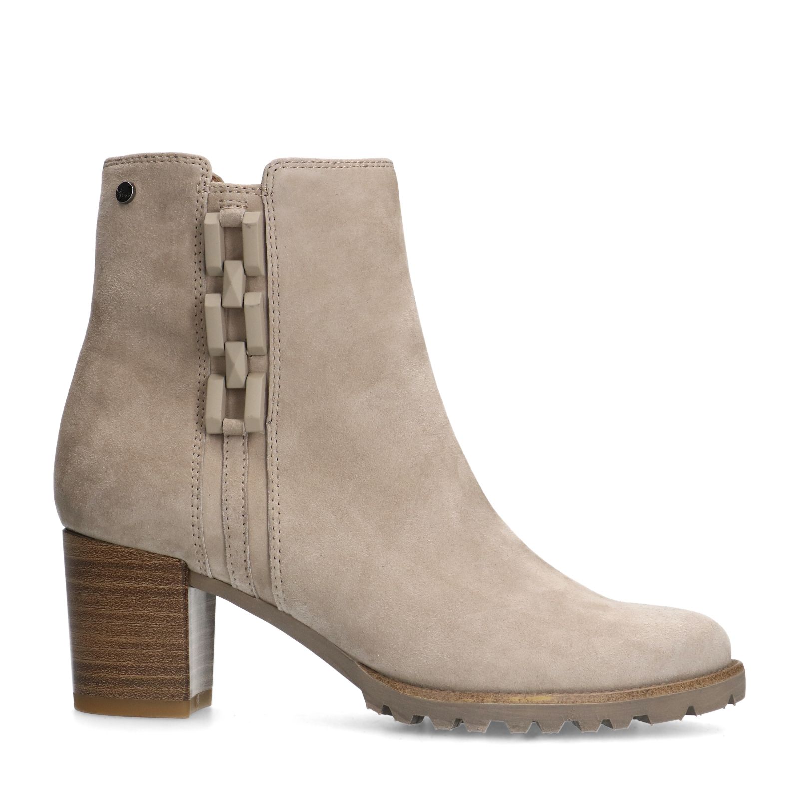 Graue Veloursleder-Stiefeletten mit Ketten-Detail