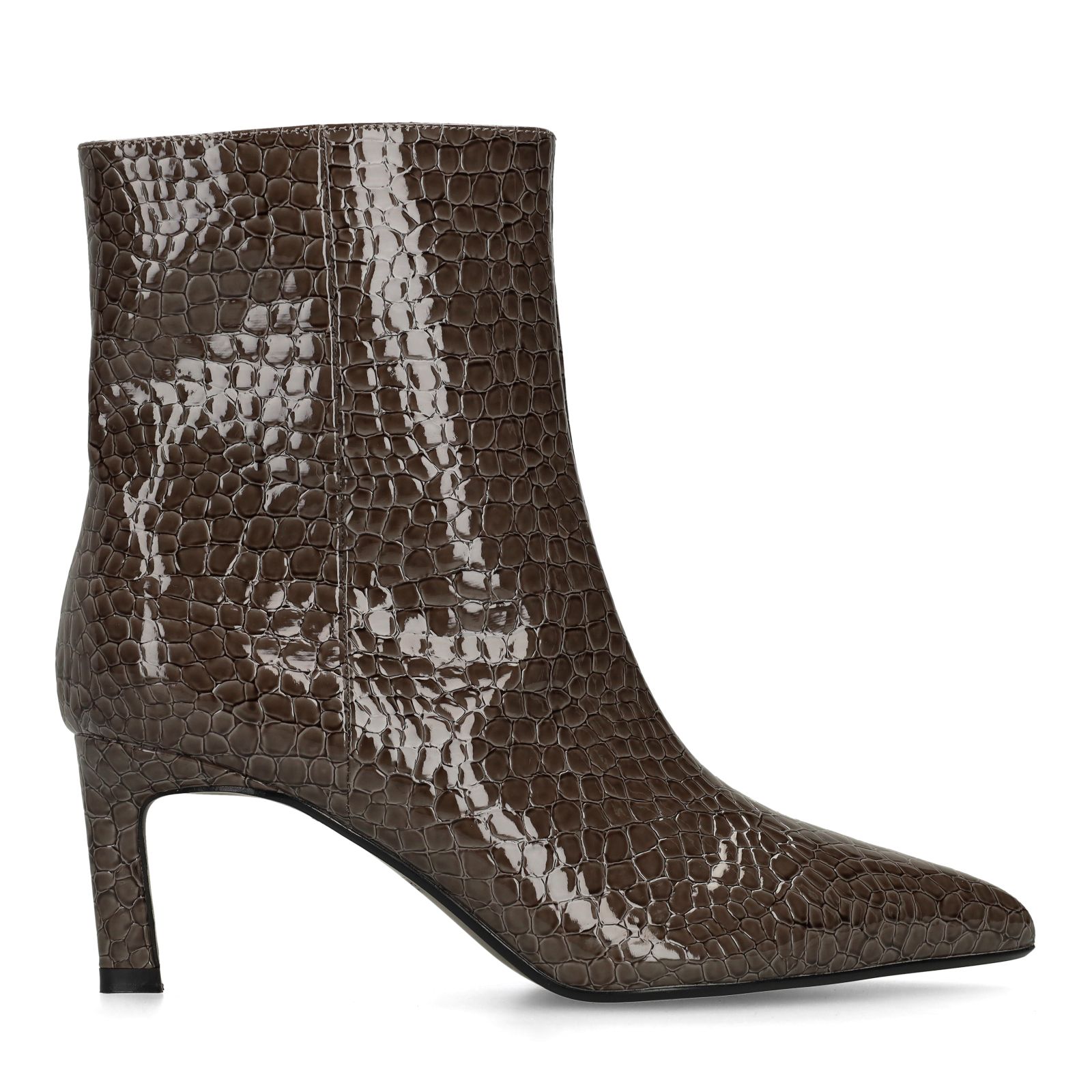 Dunkelgraue Lack-Stiefeletten mit Absatz