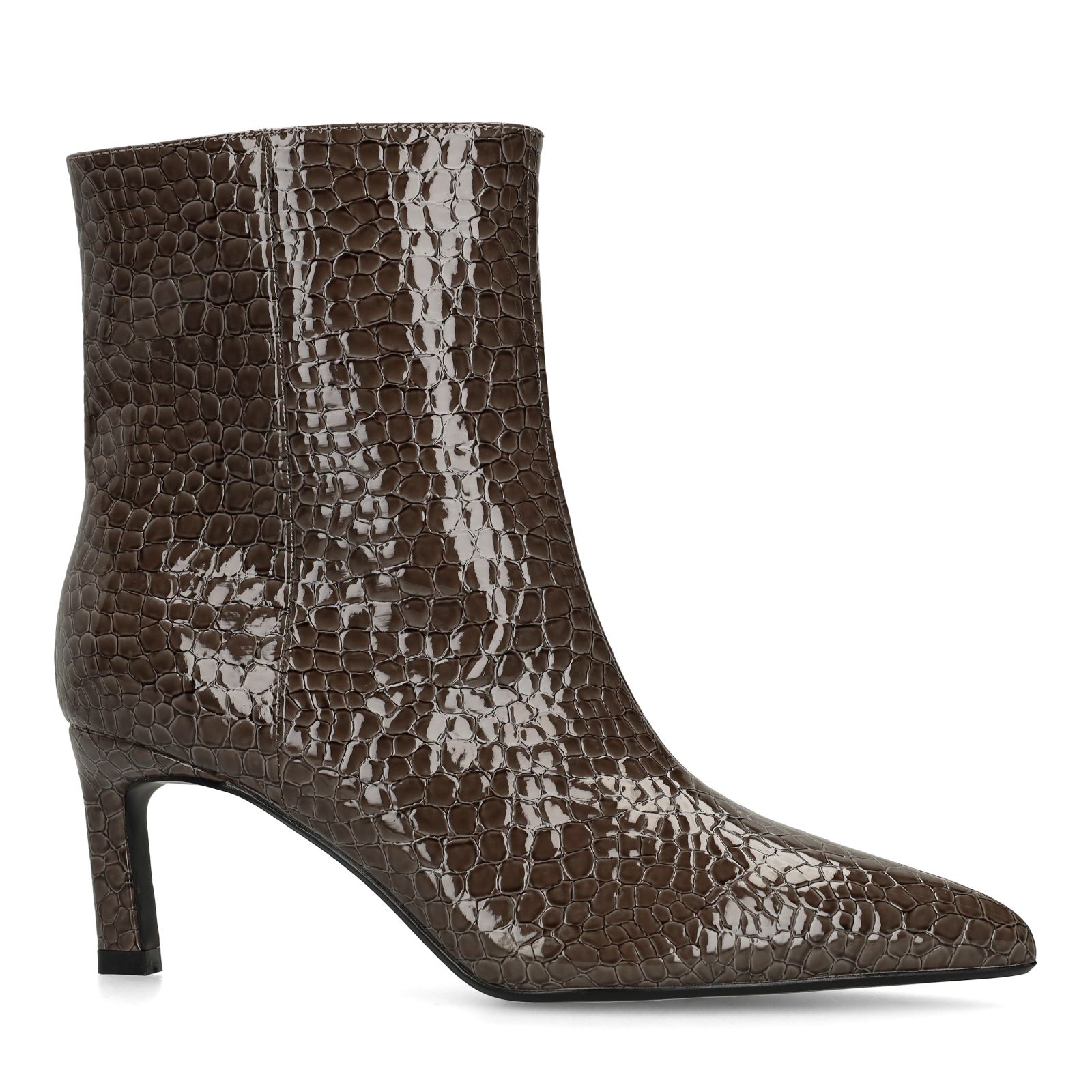 Dunkelgraue Lack-Stiefeletten mit Absatz