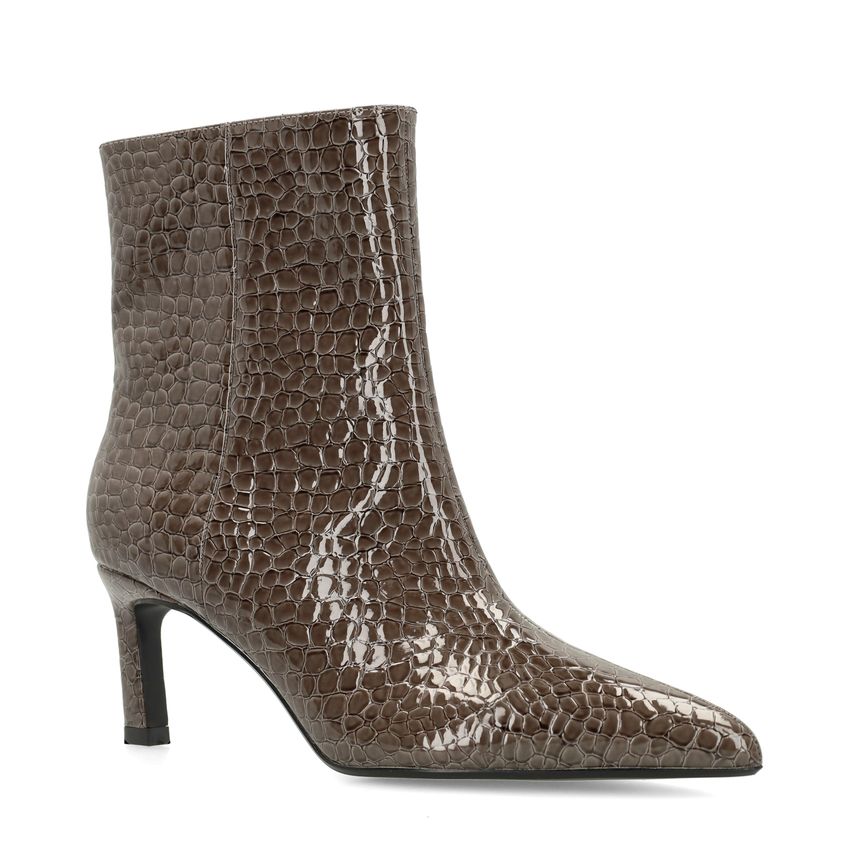 Dunkelgraue Lack-Stiefeletten mit Absatz