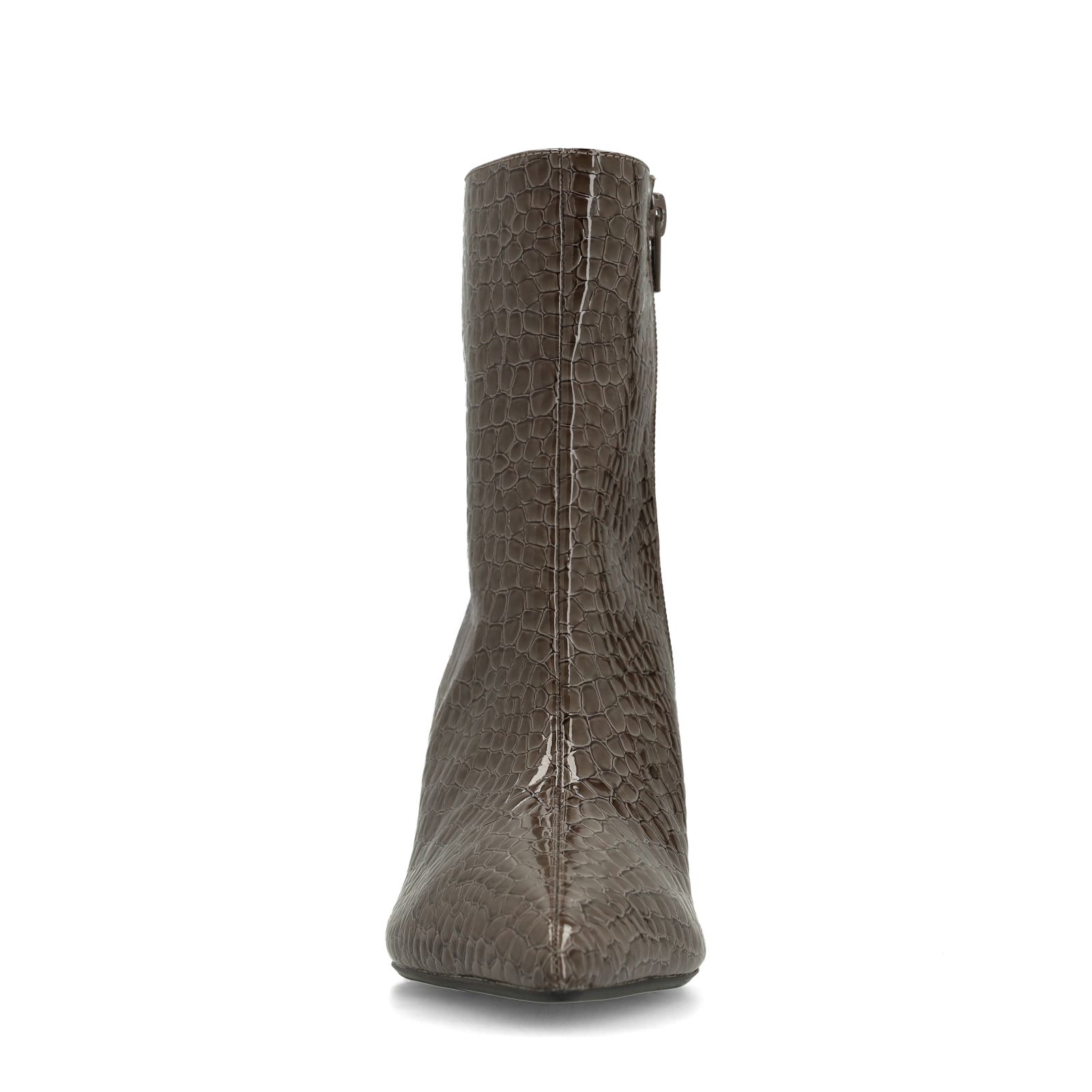 Dunkelgraue Lack-Stiefeletten mit Absatz