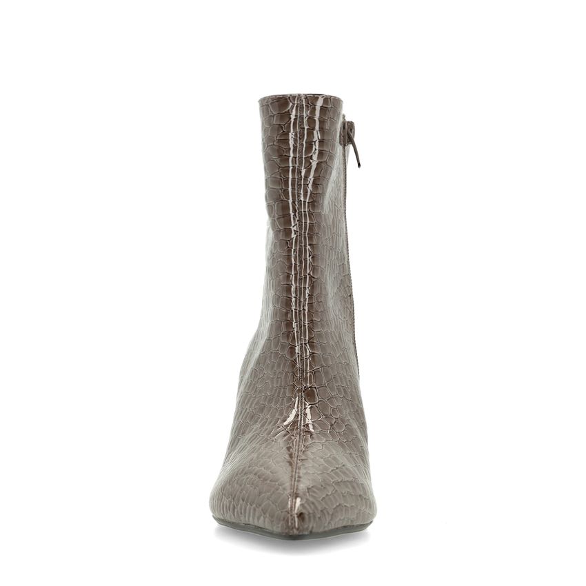 Dunkelgraue Lack-Stiefeletten mit Absatz