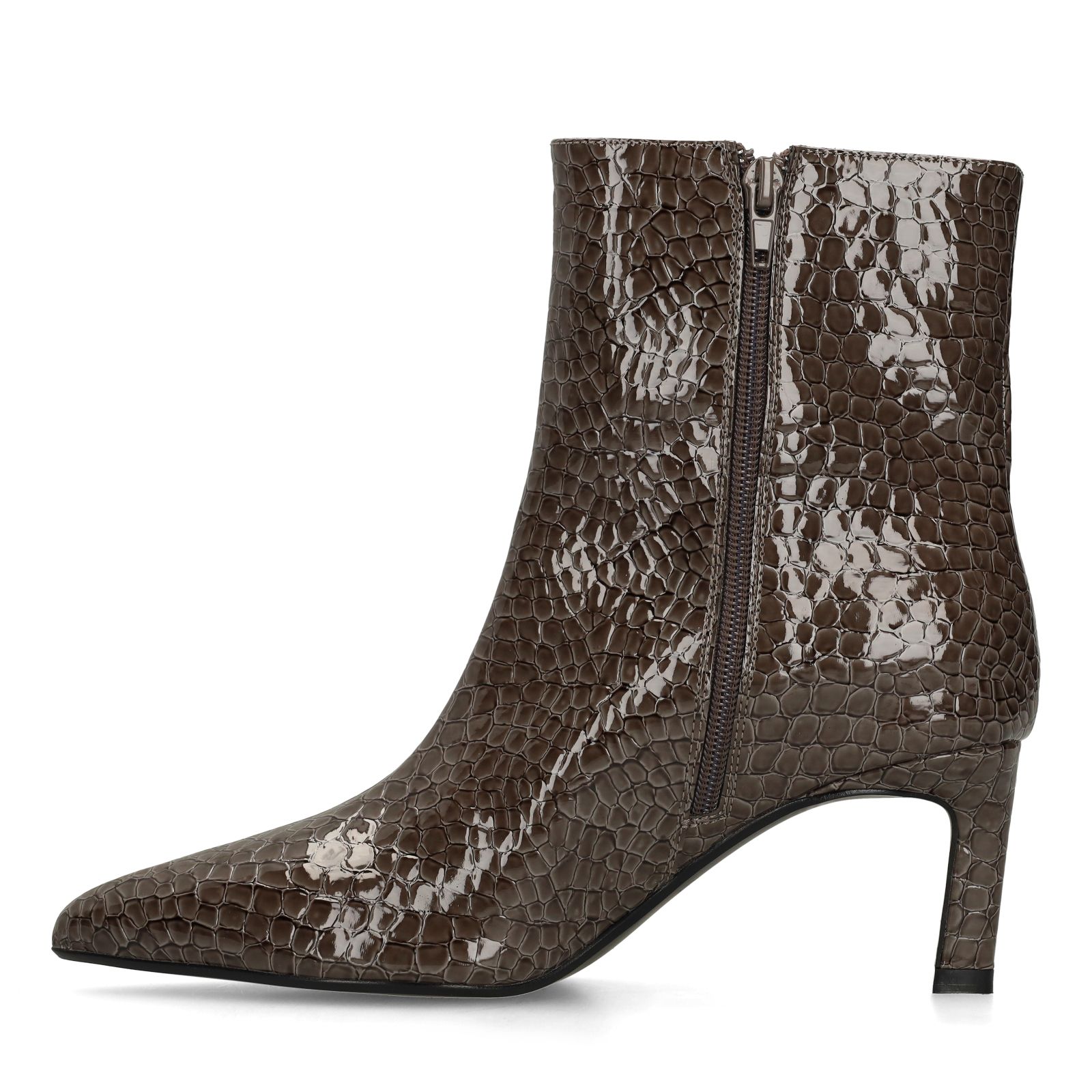 Dunkelgraue Lack-Stiefeletten mit Absatz