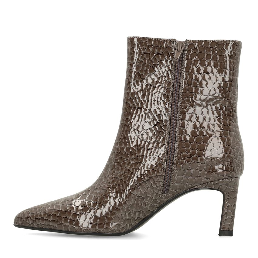 Dunkelgraue Lack-Stiefeletten mit Absatz