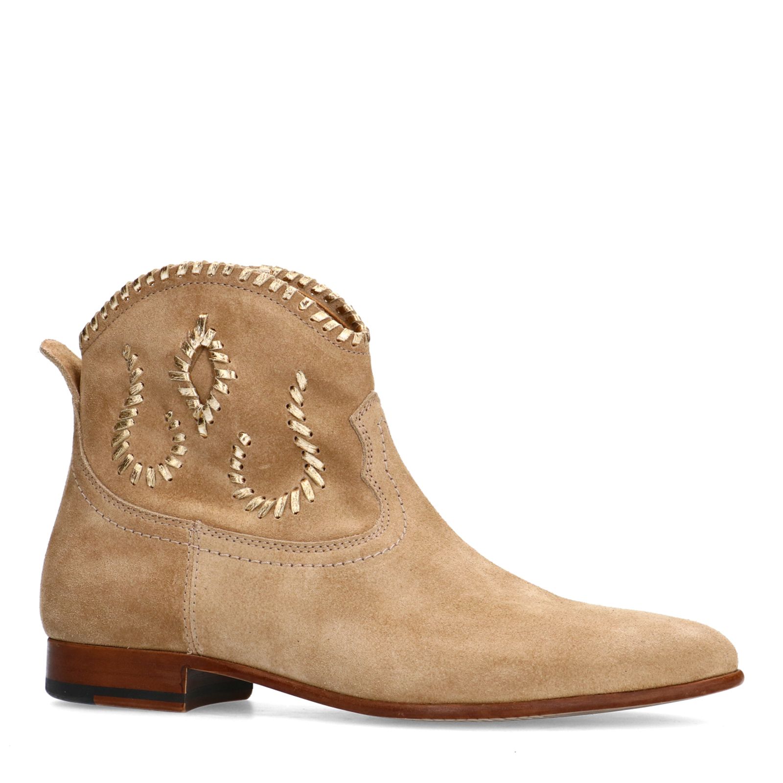 Beige suède enkellaarsjes met gouden details