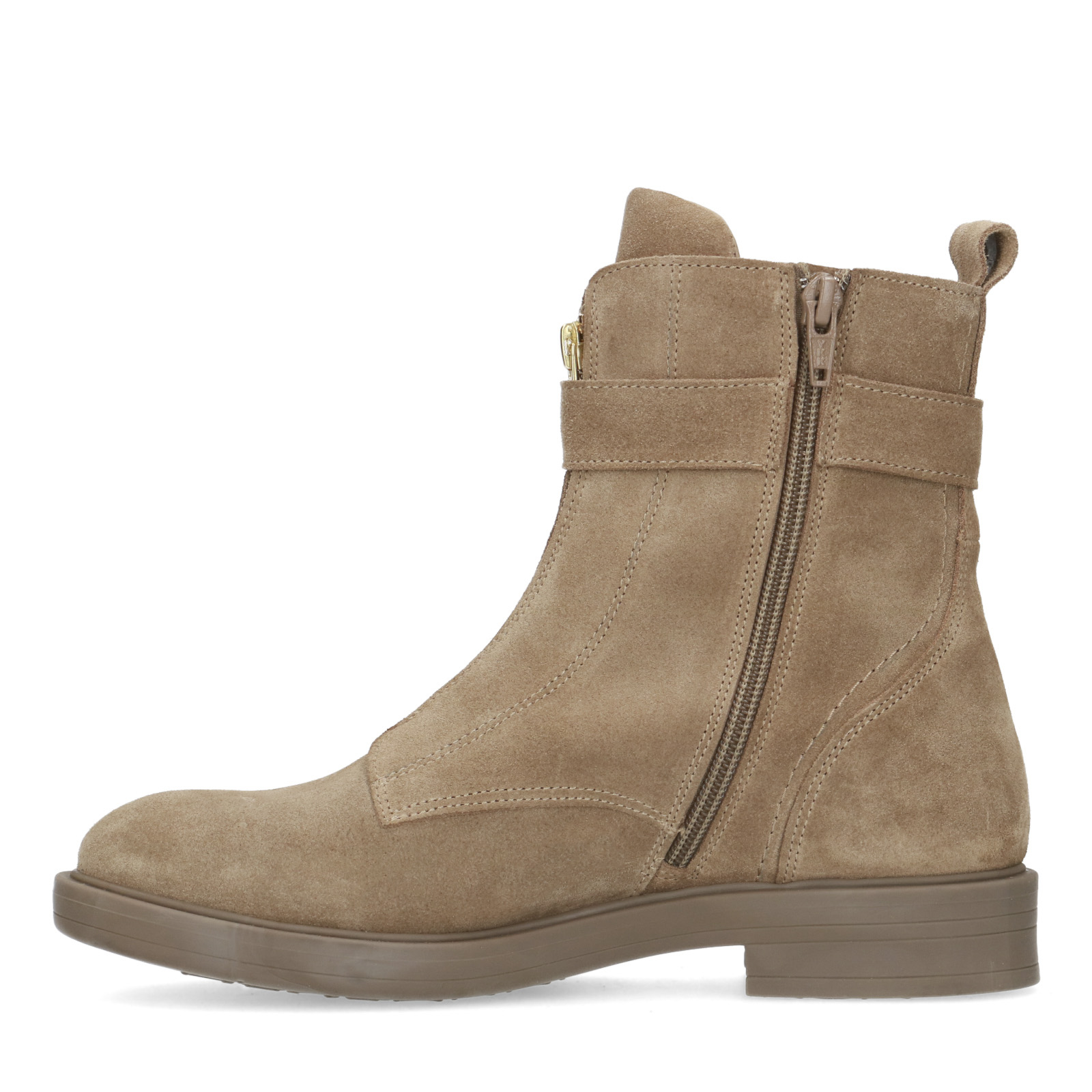 Beigefarbene Veloursleder-Boots mit Schnalle | Biker boots  
