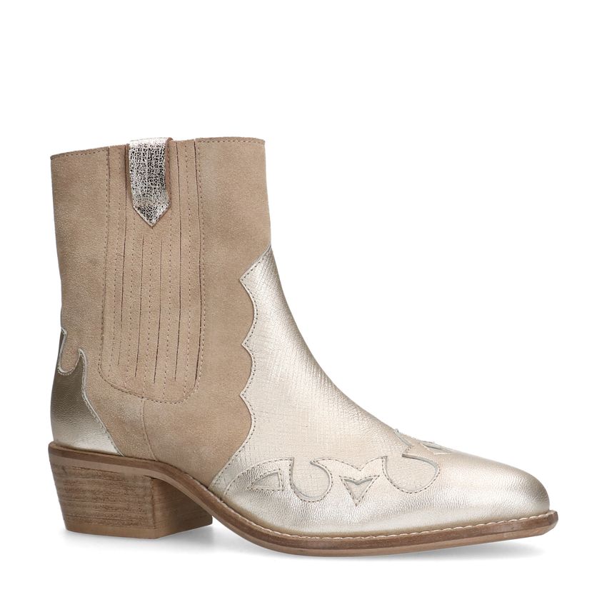 Beigefarbene Cowboystiefel aus Veloursleder mit Metallic-Details