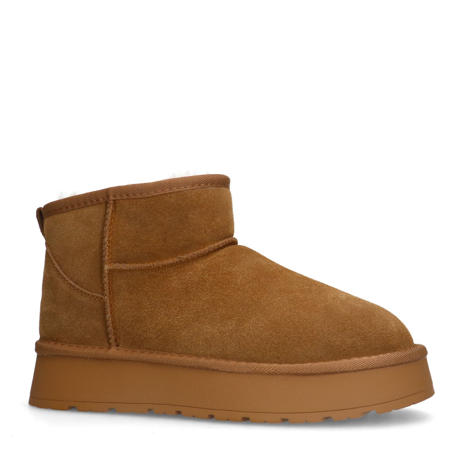 Beigefarbene Veloursleder-Snowboots mit Kunstfell