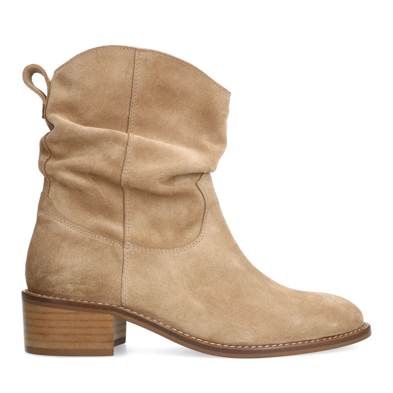Beigefarbene Veloursleder-Stiefeletten mit Absatz