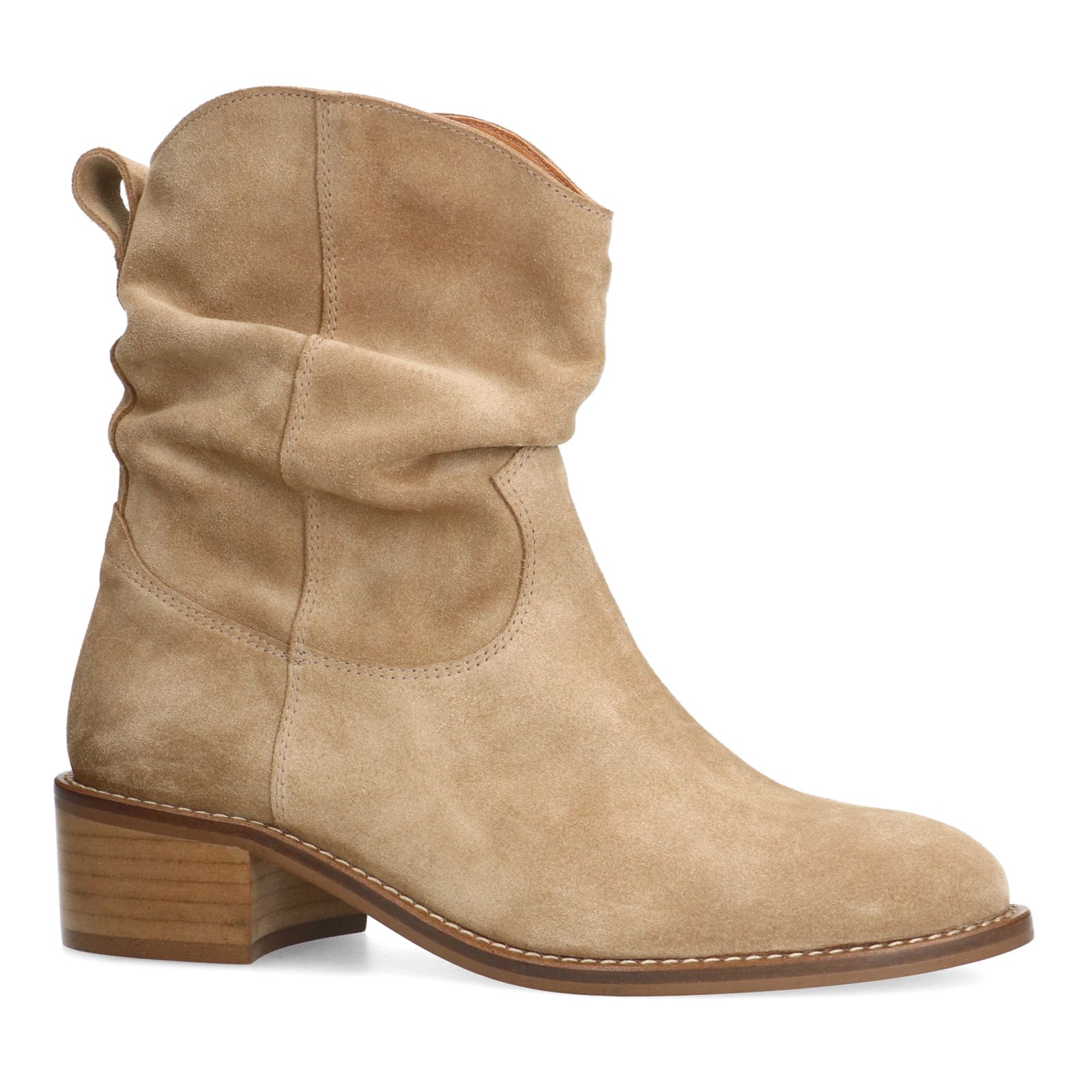 Beigefarbene Veloursleder-Stiefeletten mit Absatz