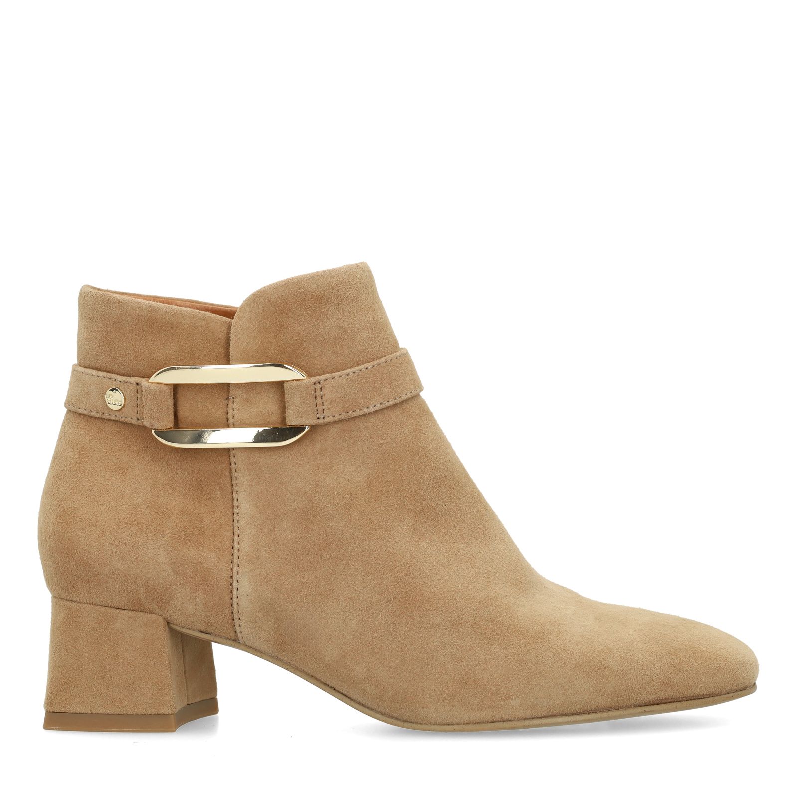 Beigefarbene Veloursleder-Stiefeletten mit Absatz