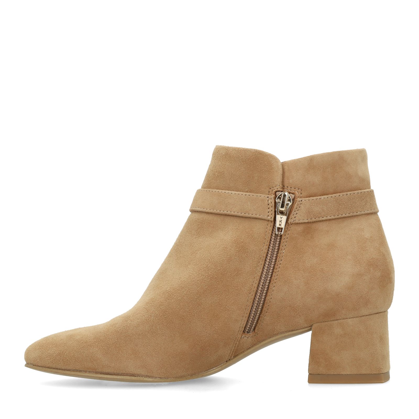 Beigefarbene Veloursleder-Stiefeletten mit Absatz