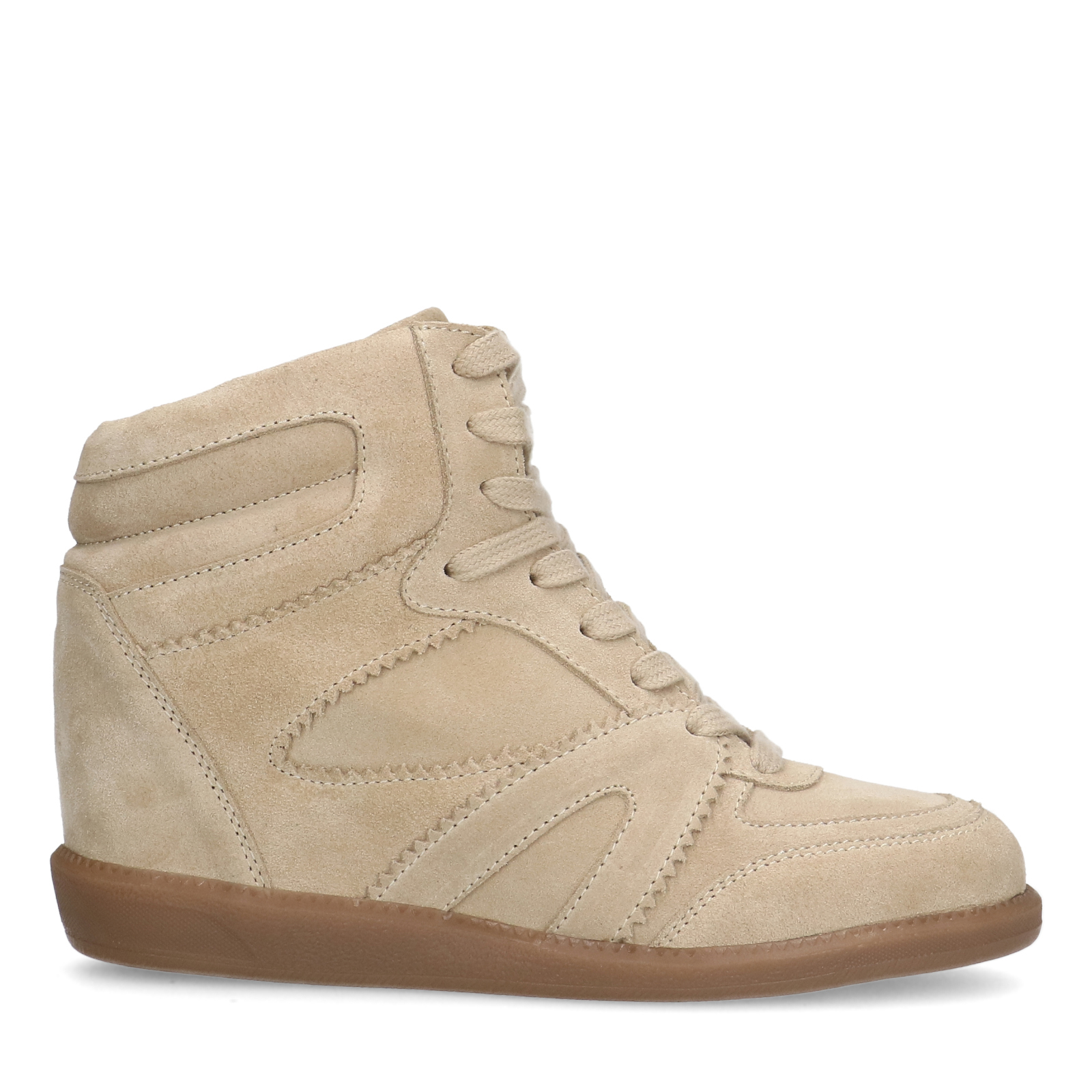 Beigefarbene Veloursleder-Sneaker mit Keilabsatz 