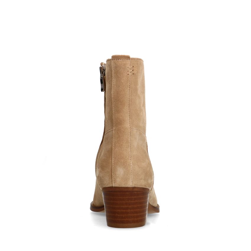Beigefarbene Veloursleder-Stiefeletten mit Absatz