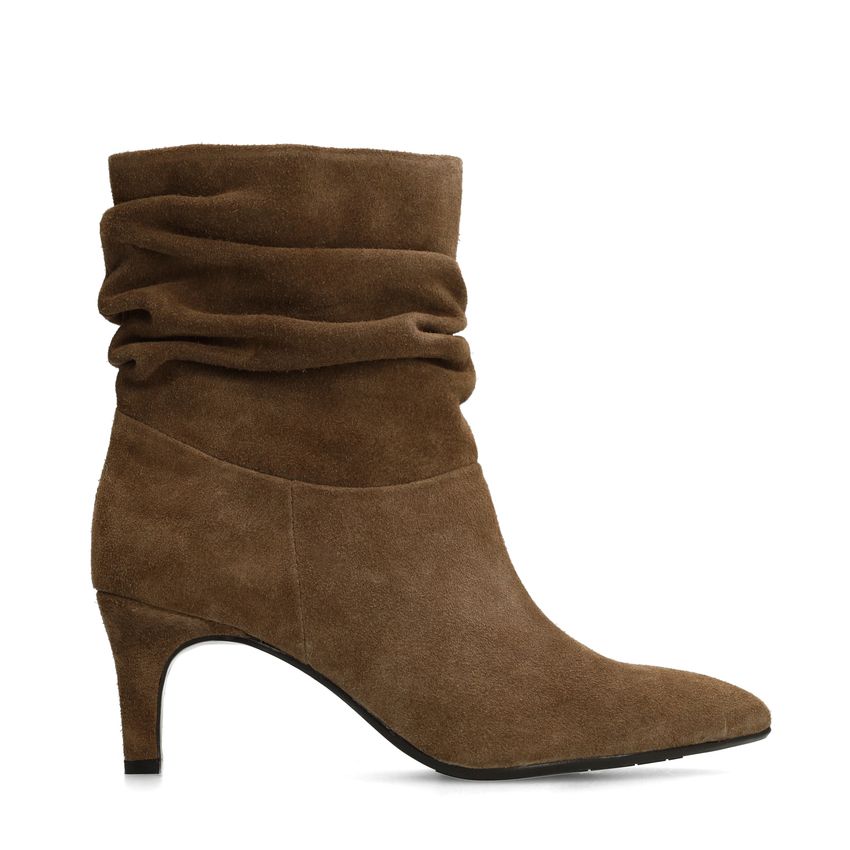Taupe suède enkellaarsjes met hak