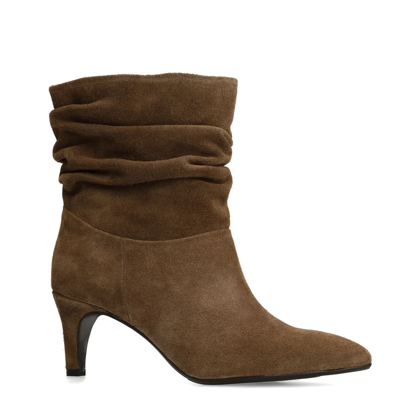 Taupe suède enkellaarsjes met hak