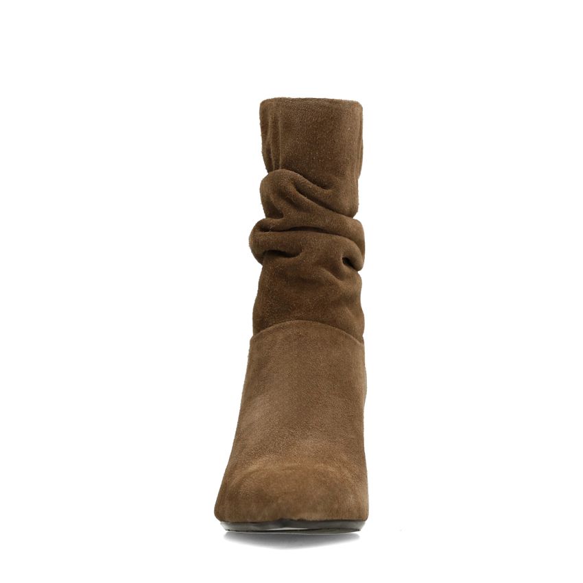 Taupe suède enkellaarsjes met hak
