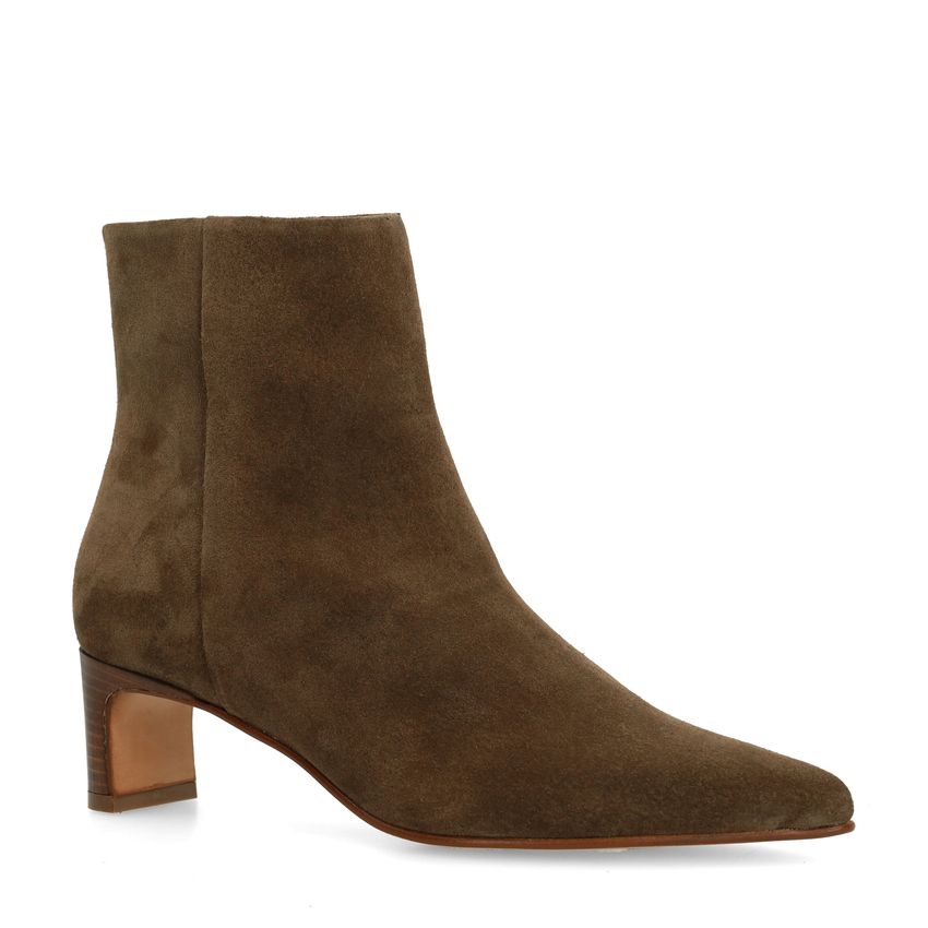 Taupe suède enkellaarsjes met hak