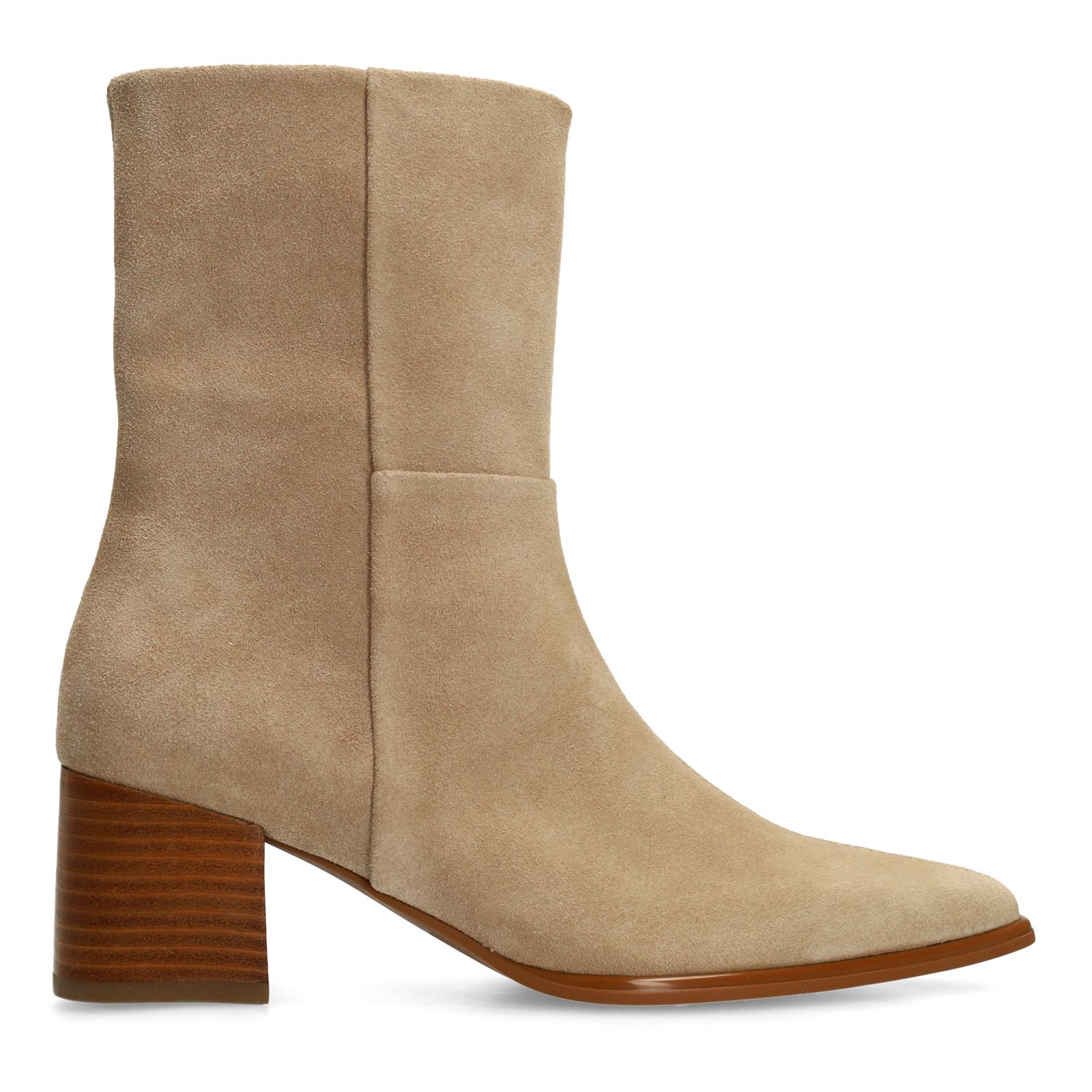 Beigefarbene Veloursleder-Stiefeletten mit Absatz