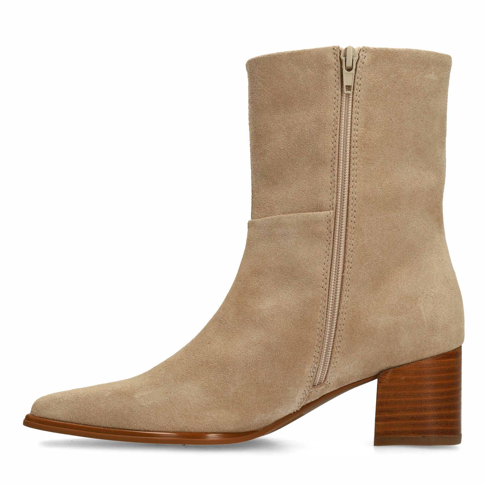Beigefarbene Veloursleder-Stiefeletten mit Absatz