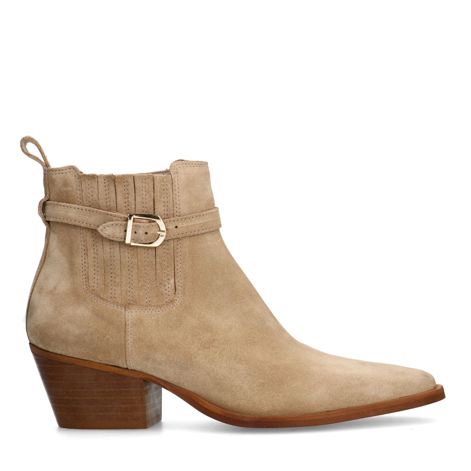Beigefarbene Veloursleder-Stiefeletten mit Absatz
