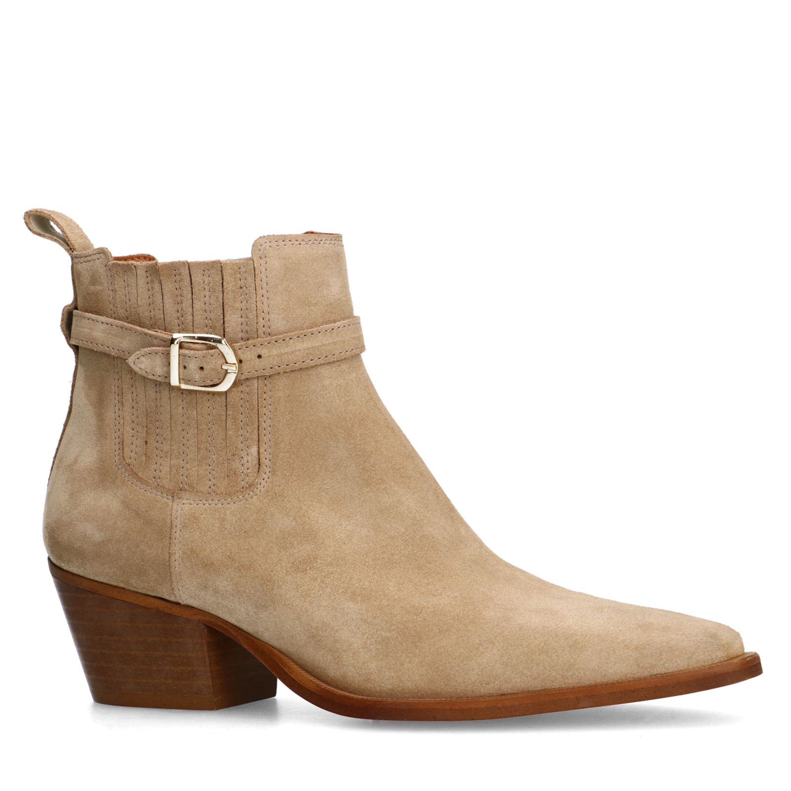 Beigefarbene Veloursleder-Stiefeletten mit Absatz