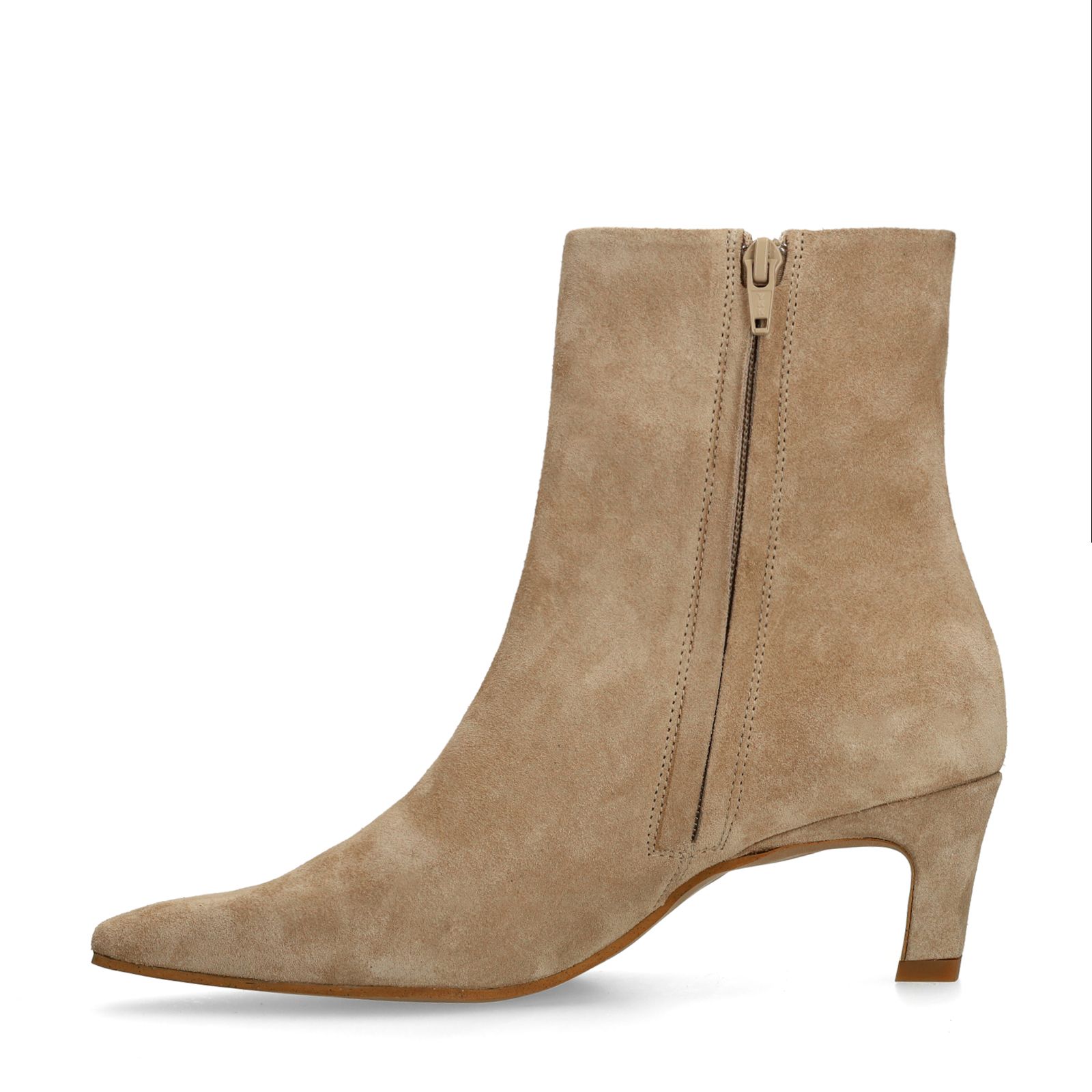 Beigefarbene Veloursleder-Stiefeletten mit Absatz