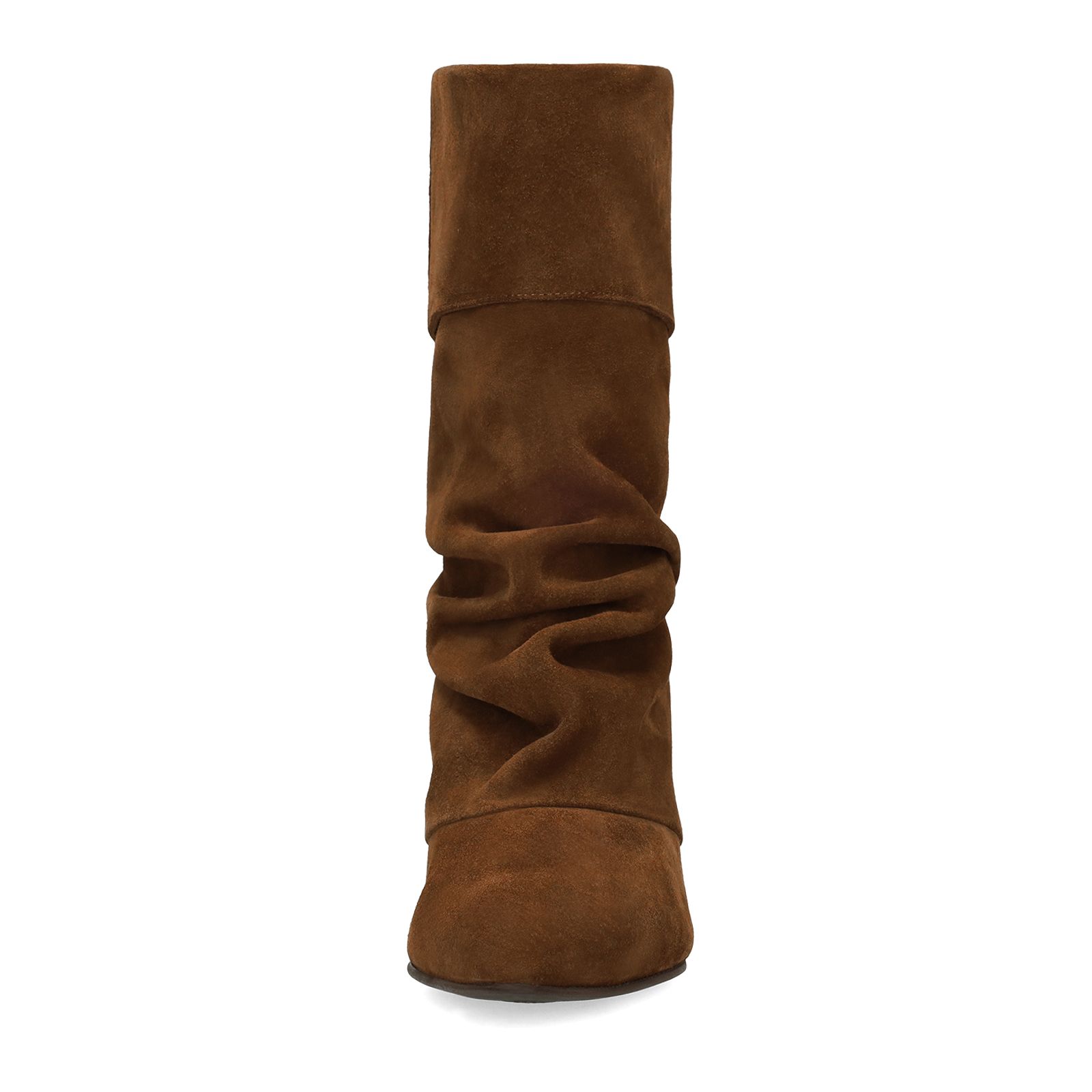 Cognacfarbene Slouchy Boots aus Veloursleder mit Absatz