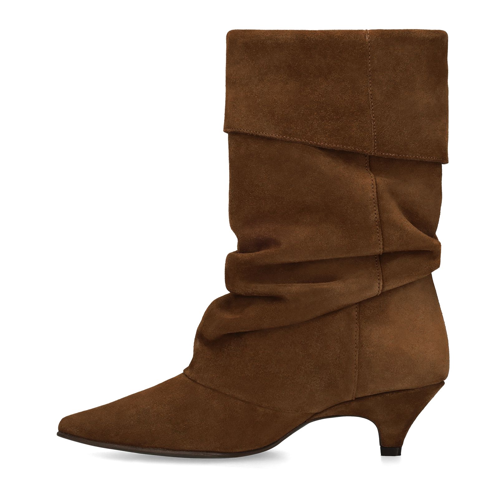 Cognacfarbene Slouchy Boots aus Veloursleder mit Absatz