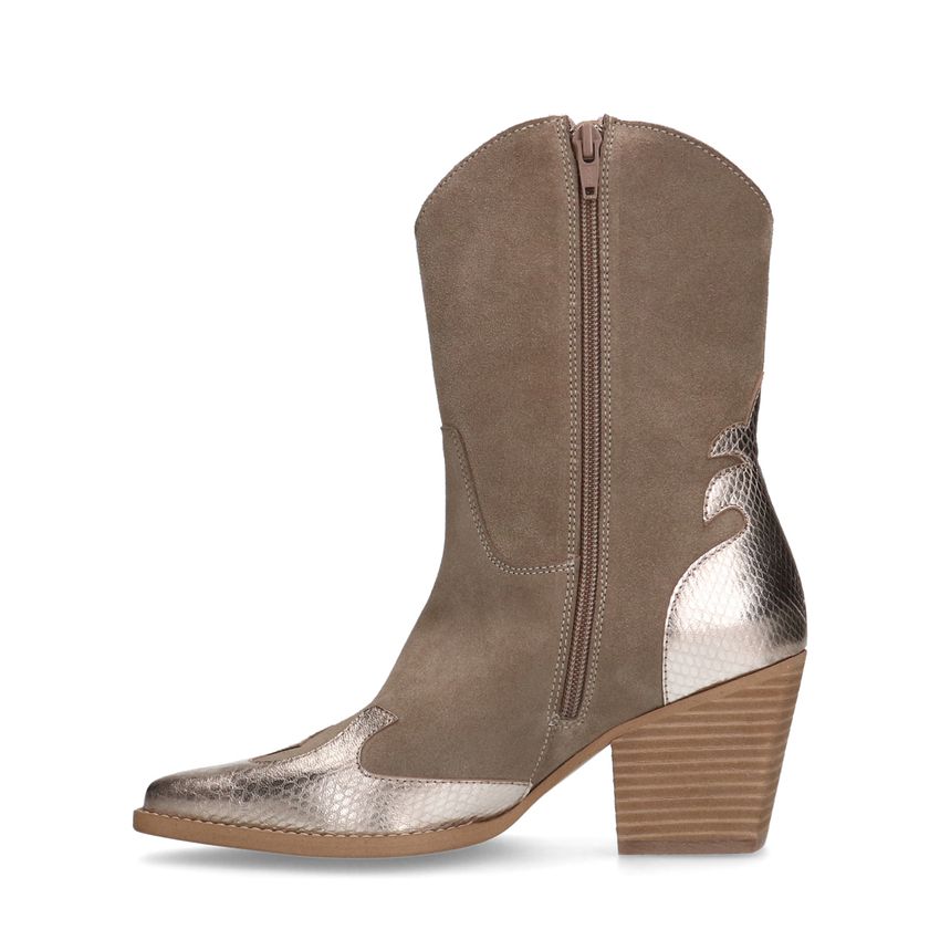 Taupe cowboylaarzen met goudkleurige metallic details