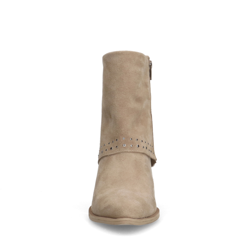 Beigefarbene Veloursleder-Stiefel mit Nieten und Umschlag 