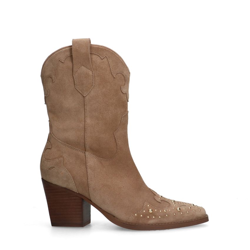 Beige suède cowboylaarzen met goudkleurige studs