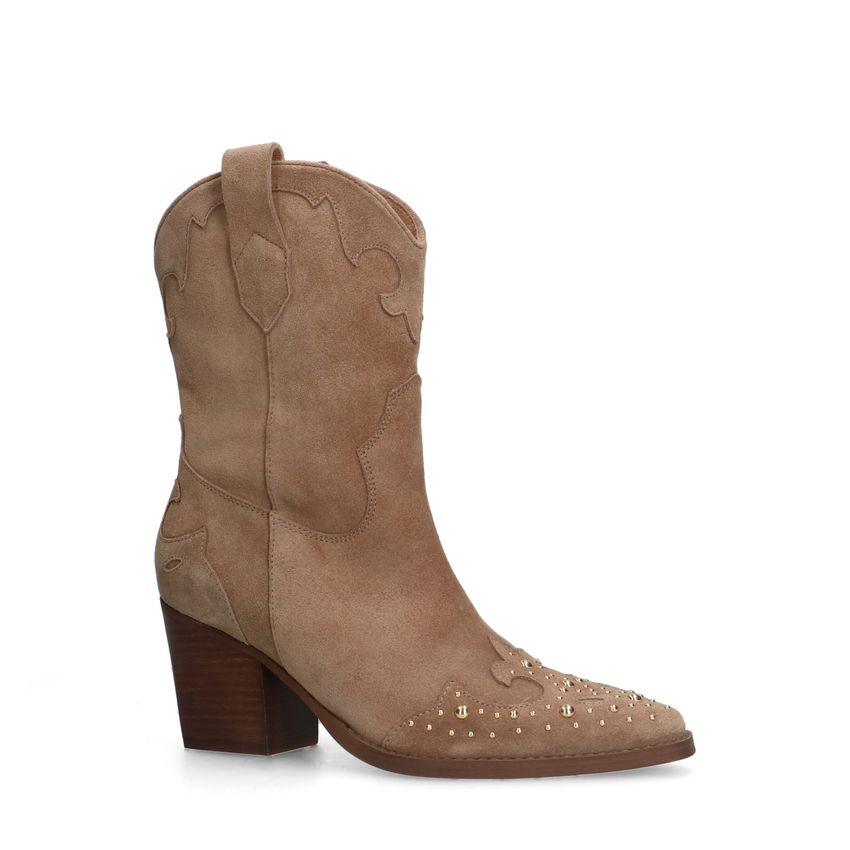 Beige suède cowboylaarzen met goudkleurige studs