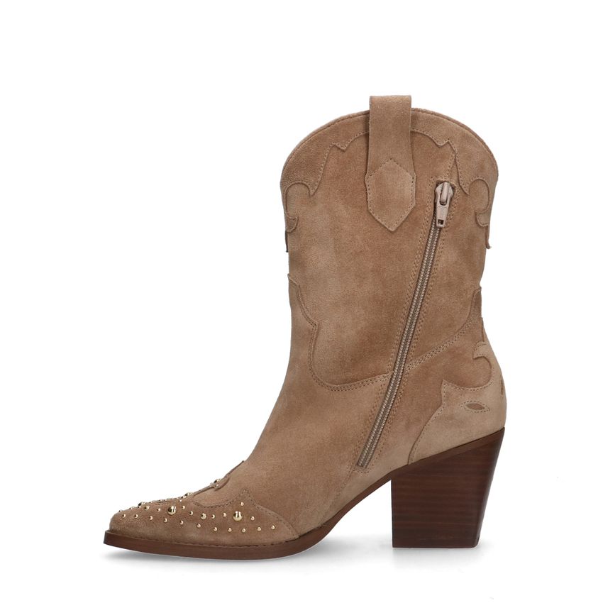 Beige suède cowboylaarzen met goudkleurige studs