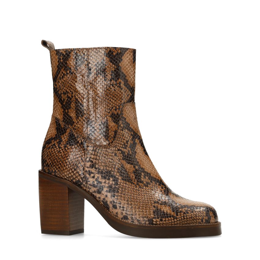 Taupe leren snakeprint enkellaarsjes met hak
