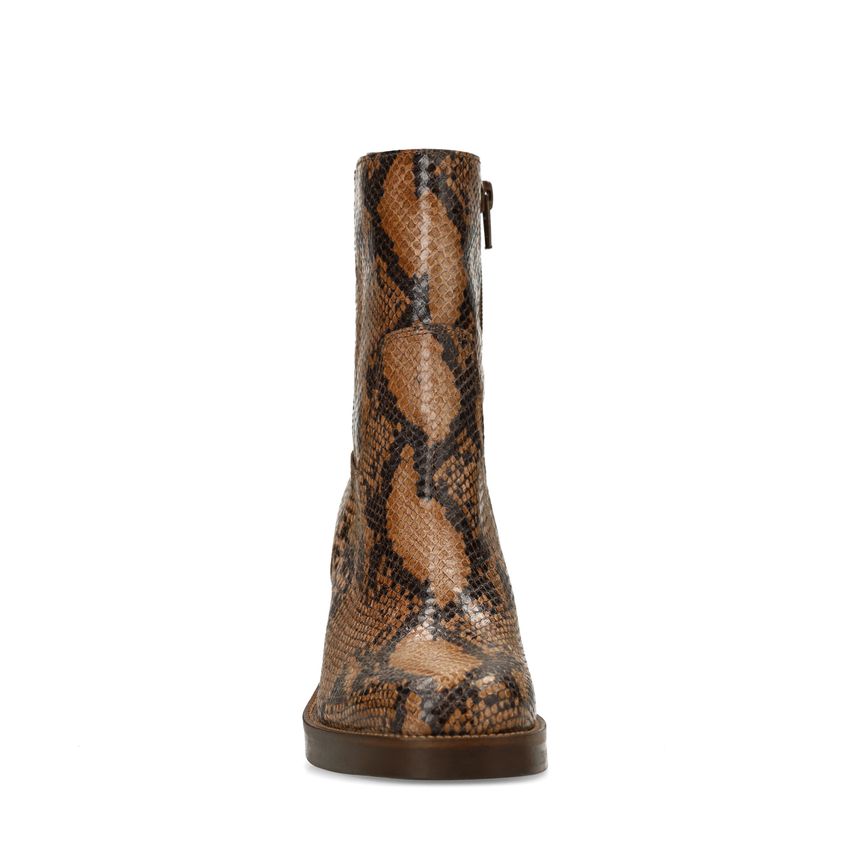 Taupe leren snakeprint enkellaarsjes met hak