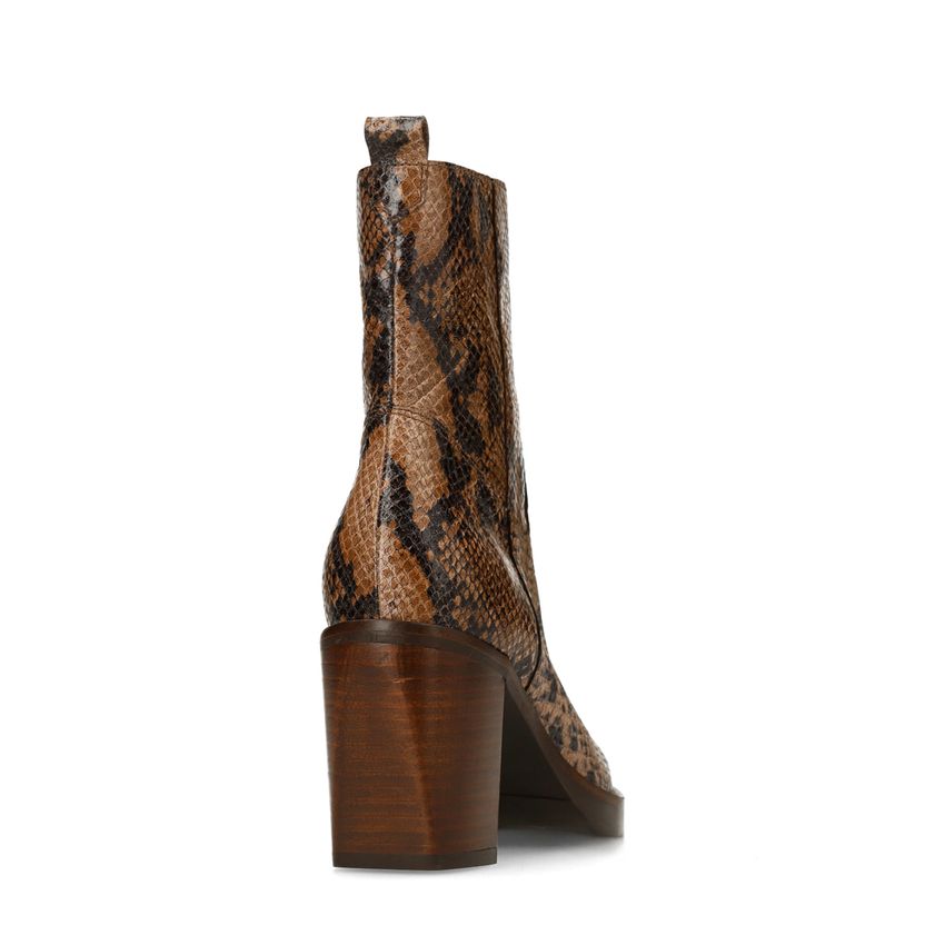 Taupe leren snakeprint enkellaarsjes met hak