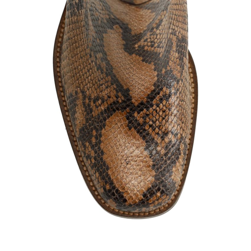 Taupefarbene Lederstiefeletten mit Absatz und Schlangenmuster