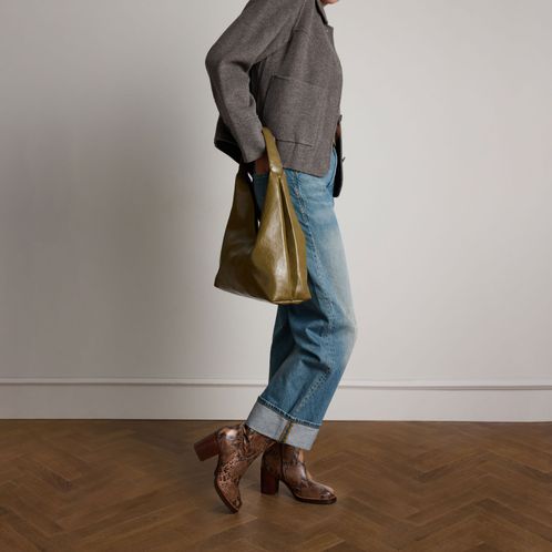 Taupe leren snakeprint enkellaarsjes met hak