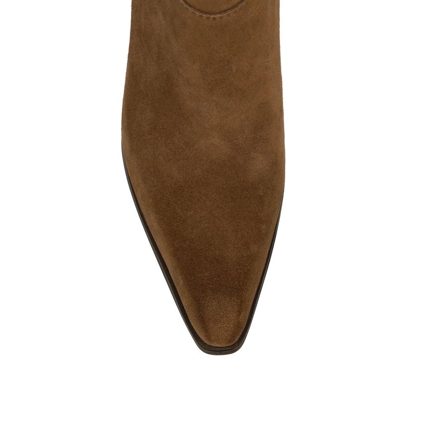 Taupefarbene Veloursleder-Stiefeletten mit Absatz