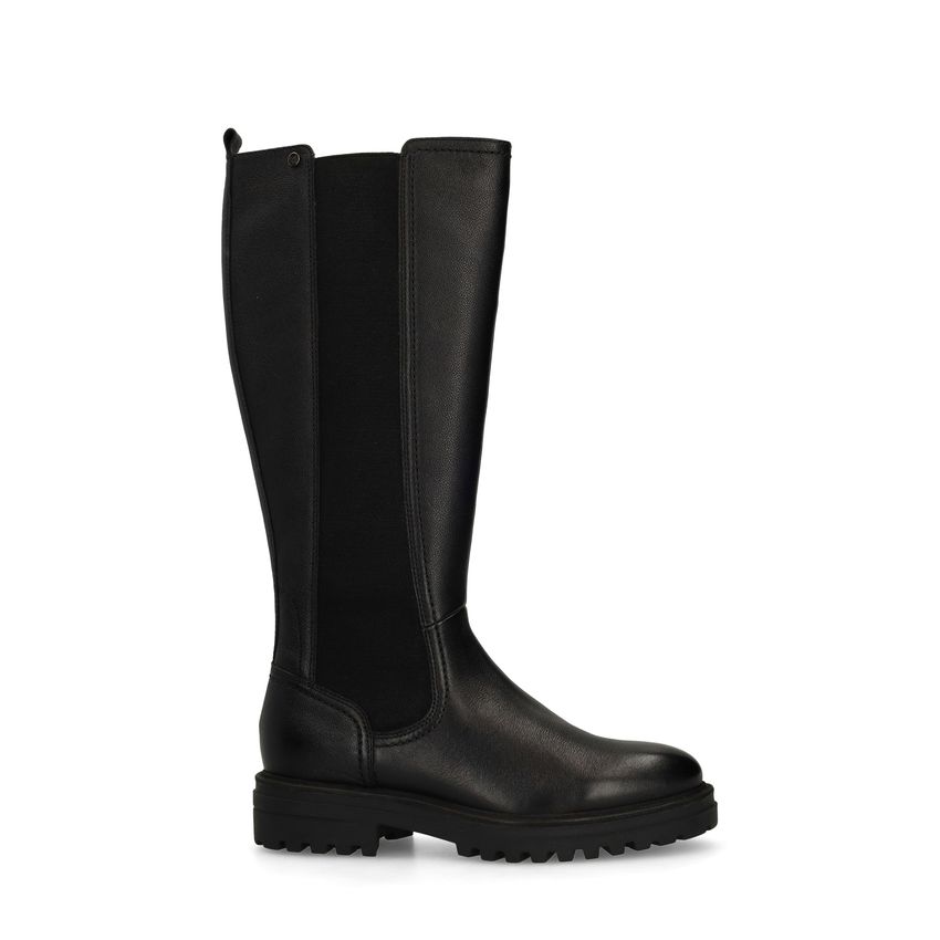 Schwarze Lederstiefel mit Elastikeinsatz