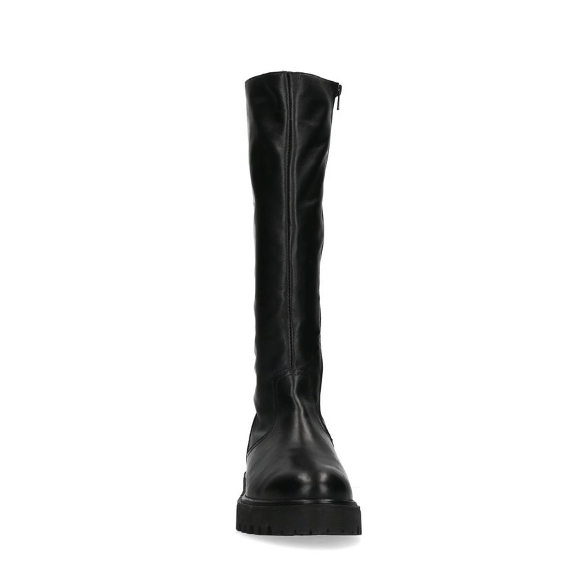 Flache schwarze Lederstiefel mit hohem Schaft