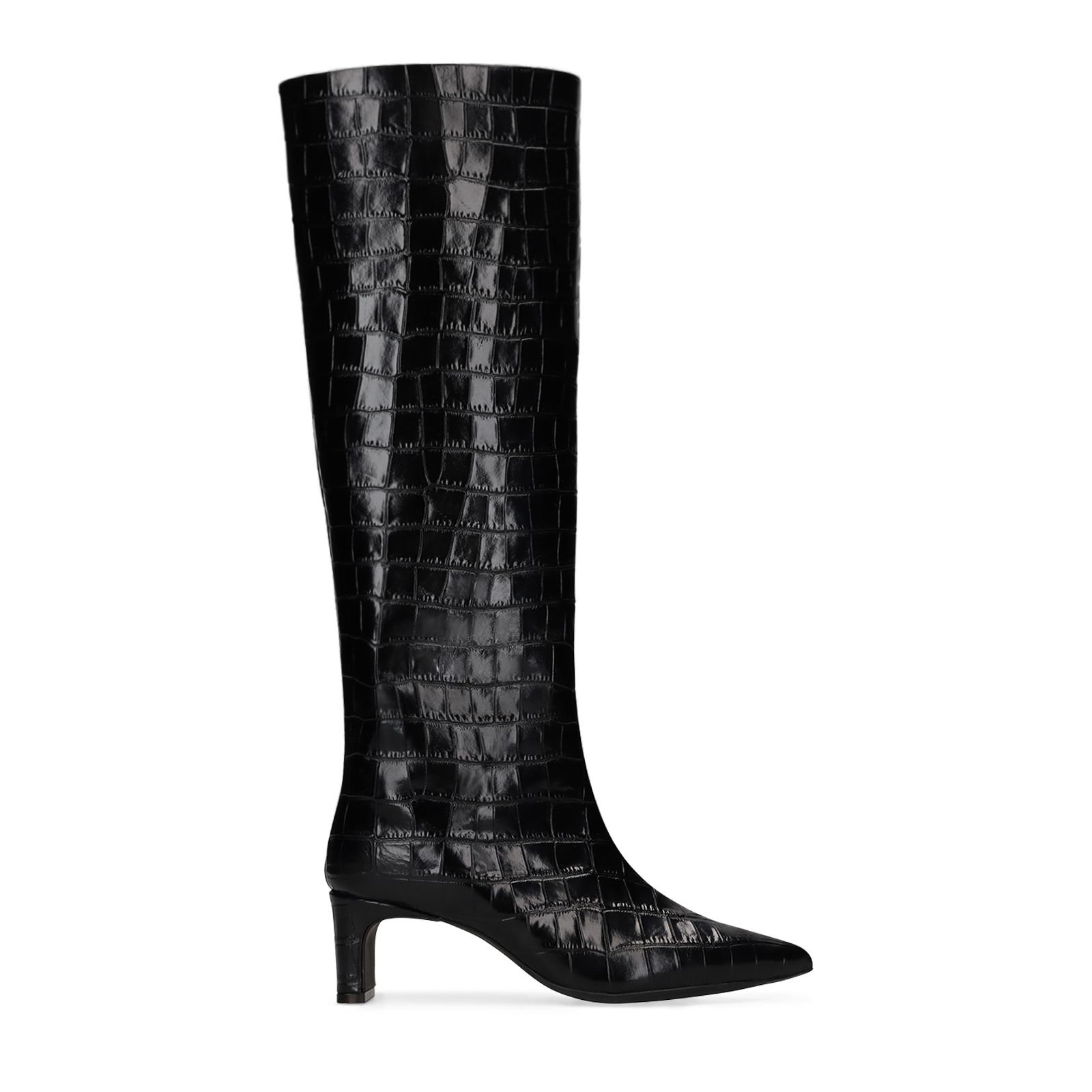 Zwarte leren hoge laarzen met croco print