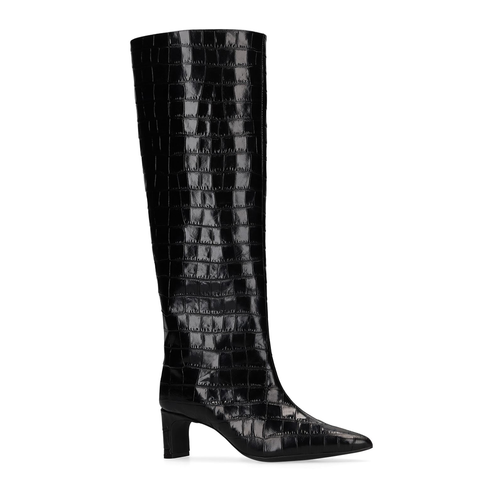 Zwarte leren hoge laarzen met croco print