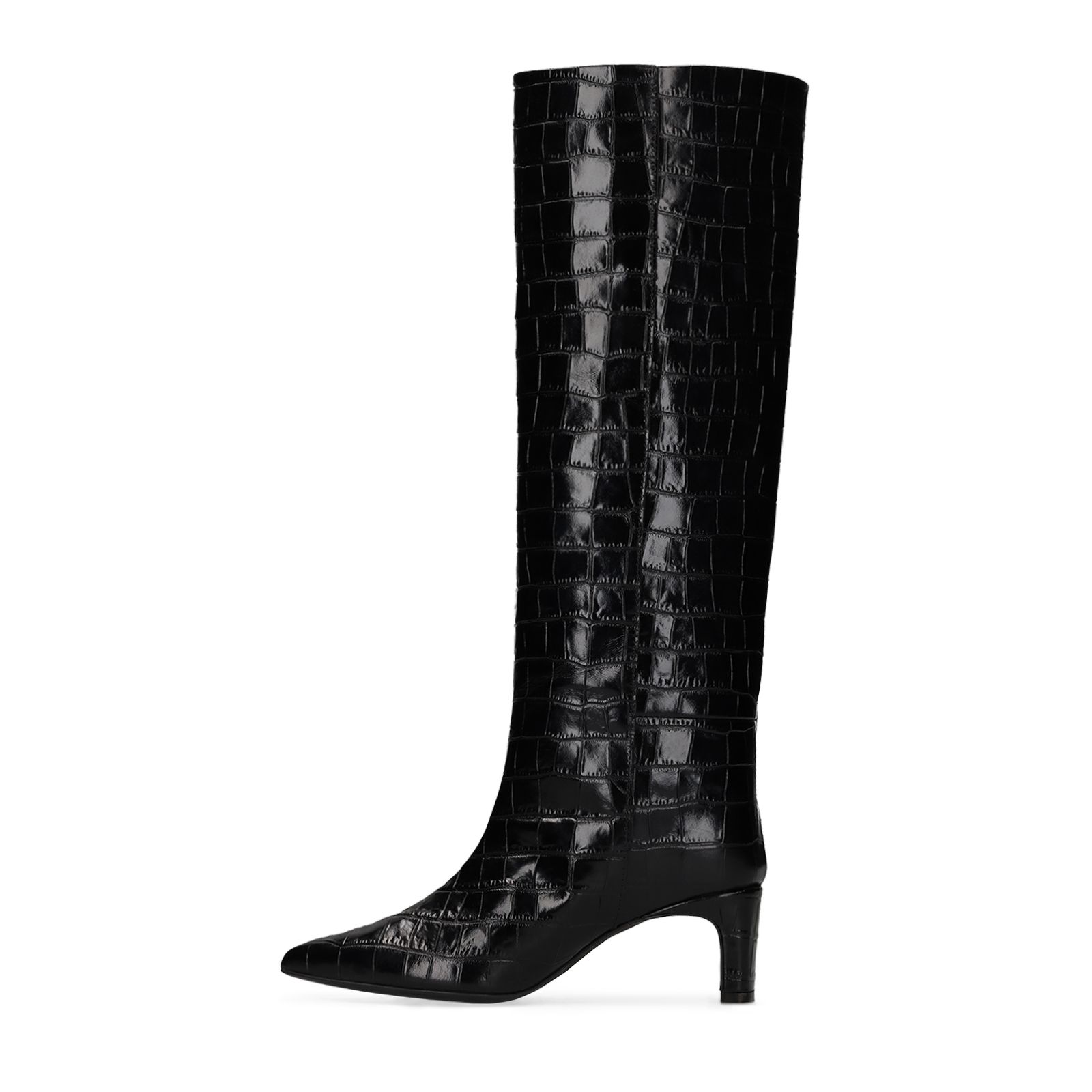 Zwarte leren hoge laarzen met croco print