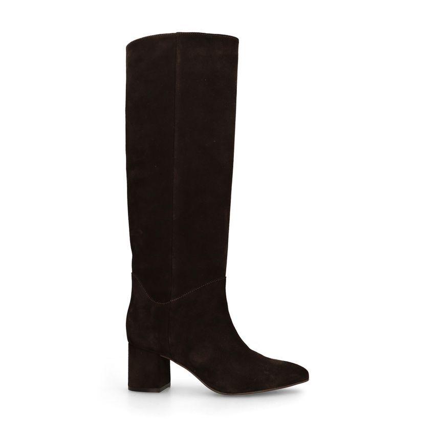 Dunkelbraune Veloursleder-Stiefel mit Absatz