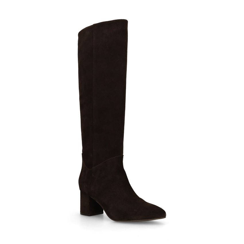 Dunkelbraune Veloursleder-Stiefel mit Absatz