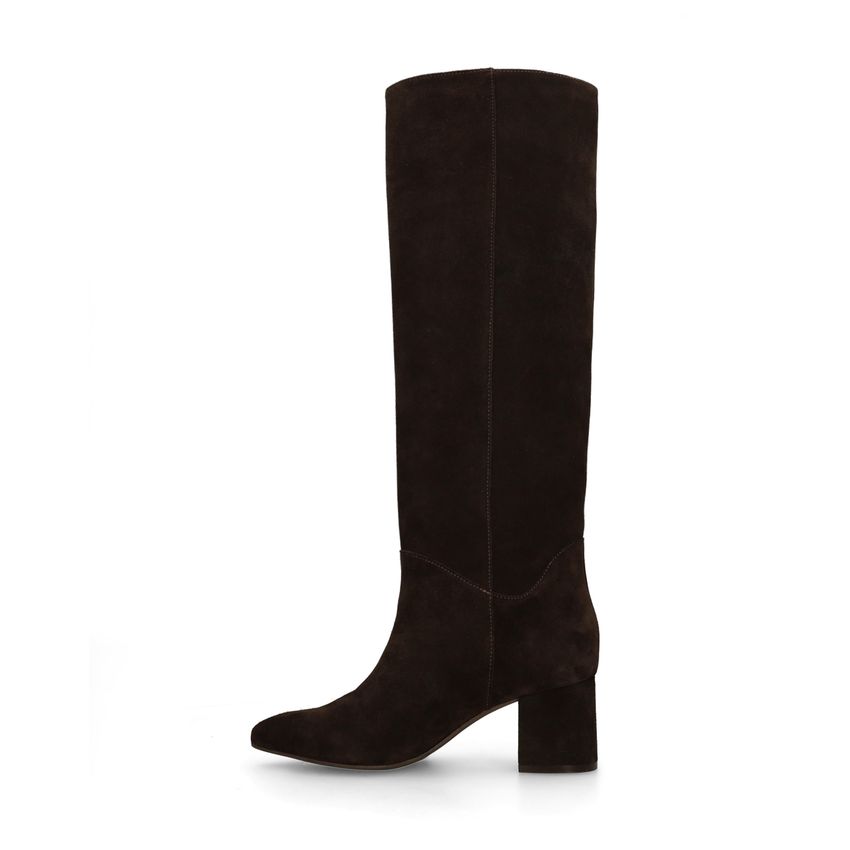 Dunkelbraune Veloursleder-Stiefel mit Absatz