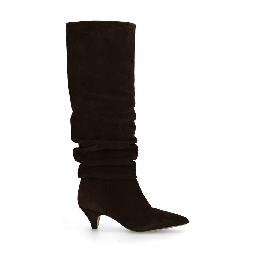 Dunkelbraune Veloursleder-Stiefel mit Kitten Heel